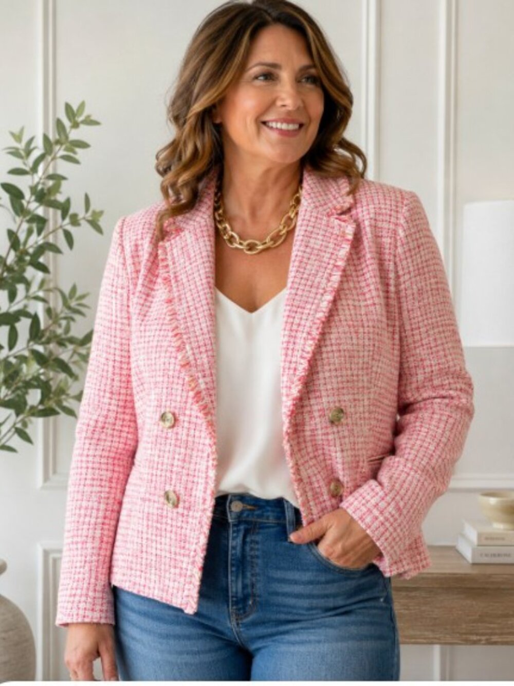 The Limited XL Pink Tweed Double Breasted Blazer Frayed Trim Career Jacket